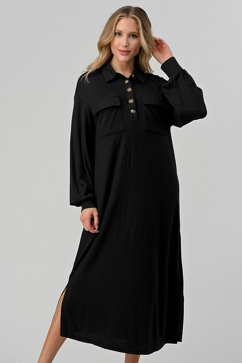 LT HENLEY SWEATER DRESS BLU Couture Clothing LT HENLEY SWEATER DRESS BLU Couture Clothing