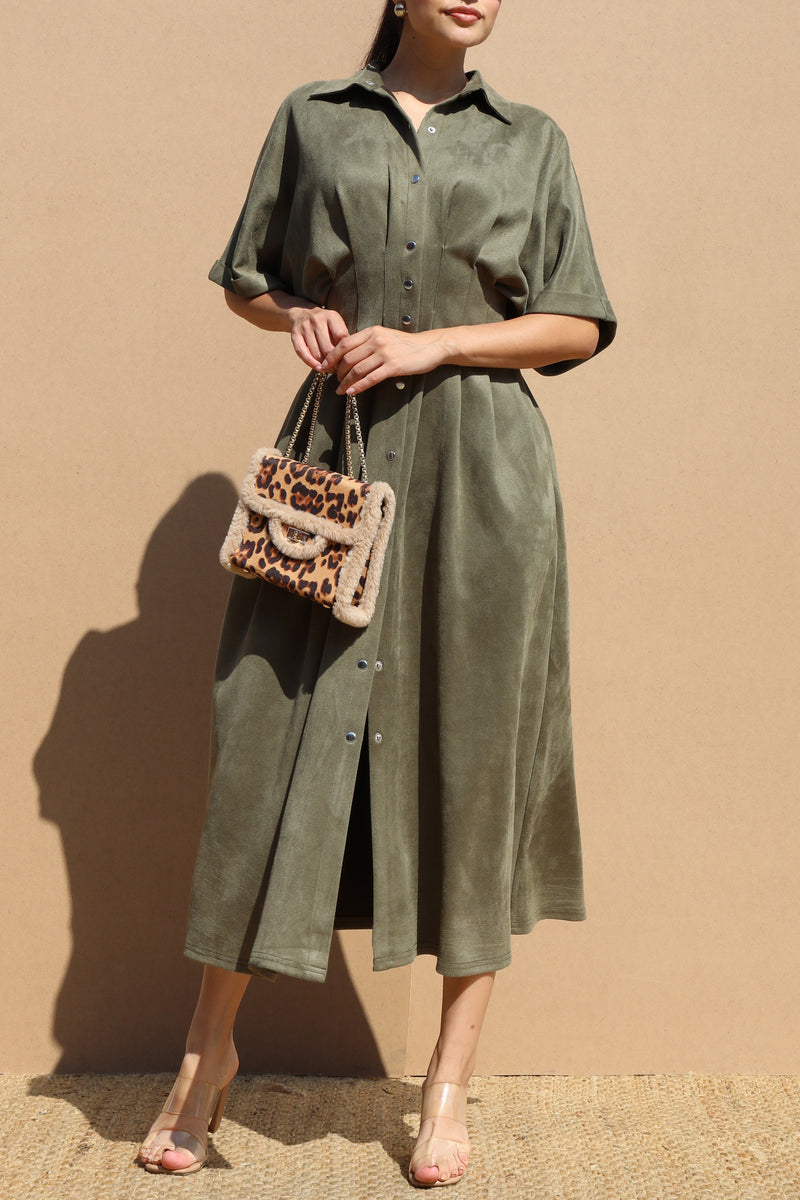 SUEDE BUTTON DOWN DRESS