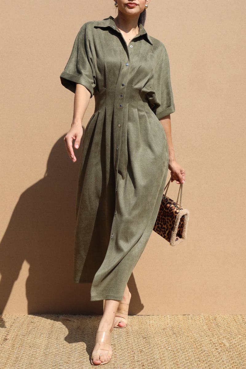 SUEDE BUTTON DOWN DRESS